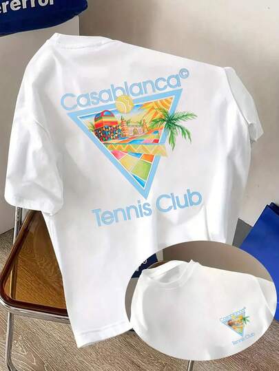 Tennis And Vacation Element Pattern Printing, High-Quality 100% Pure Cotton Summer Men's T-Shirt, With A Retro And Luxurious Sports And Leisure Style, Suitable For Daily Sports Wear