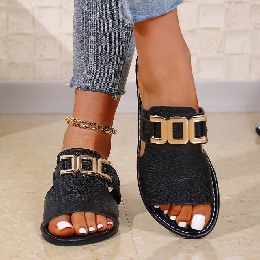 Women's Fashion Casual Snake Skin Pattern Buckle Decor Round Toe Comfortable Slide Sandals - Black - View 1
