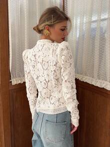 Women's Elegant White Floral Lace Semi-Sheer Blouse With Stand Collar And Puff Sleeves, Regular Fit, Button Details, Woven Fabric, Non-Stretch Top - White - View 9