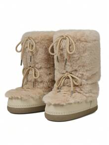 Knee High Boots For Women,Fuzzy Flat Round Toe Rhinestone Lace-Up Slip On Warm Shoes Winter Outdoor Party Chirstmas And Halloween Snow Boots - Màu be - Xem 9