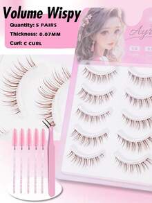 5对棕色自然款假睫毛，3D水貂毛短款浓密假睫毛，热门化妆工具，自然浓密型假睫毛，附赠睫毛夹和睫毛刷 - 棕色 - 查看 7