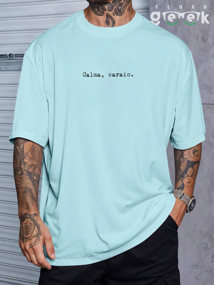 Oversized Gym T-Shirt With Funny Phrase "Calm Down, " REF 3297 FLUXO GEEK - Baby Blue - View 1