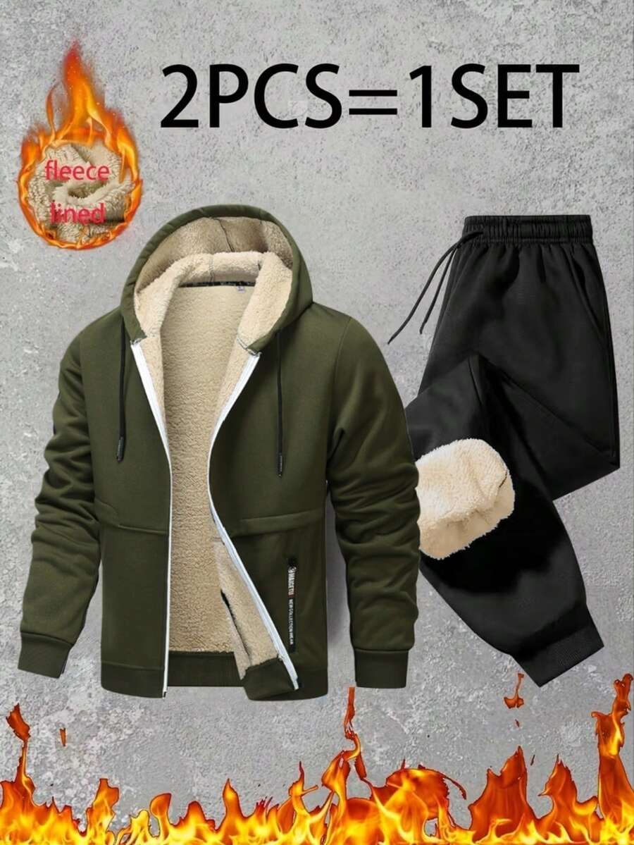 2pcs/Set Men's Outdoor Hooded Sweatsuit, Thermal Lined Thick Hoodie + Elastic Waist Sweatpants, Casual Versatile Men's Outfit - Multicolor - View 1