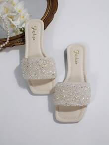 Sandales de plage ornées de strass, mules légères de style coréen de luxe, à enfiler, décorées de perles, sandales plates confortables pour les vacances, tongs pailletées pour l'intérieur/extérieur pour femmes, grandes tailles - Beige - Voir 7