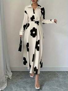 Women's Casual Long Dress, Solid Polka Dot Summer New Commuter Fashion Solid V-Neck Women's Dress With Large Button Swing, V-Neck Sleeveless Short-Sleeved Shirt Long Dress With Pockets - 杏色 - 查看 2