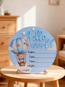 1pc "Hello World" Birth Announcement Board, Baby Photo Prop Wooden Plaque, Baby Milestone Wooden Plaque, Baby Christening Gift (Boy/Girl) - Blue - View 2