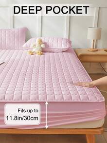 1pc Waterproof Fitted Sheet, Bedding, Skin-Friendly Mattress Cover, Soft And Comfortable Bedding For Bedroom, For All Seasons, Room Decor, Fall Decor, Halloween Gift, 11.8 Inch Deep Pocket Cooling Breathable Quilted Square Lattice Fitted Sheet, For Queen King Twin All Size, Solid Color Mattress Protective Cover, Dustproof, Comfortable And Machine Washable - 粉色 - 查看 4