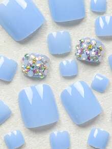 24pcs Short Square Toe Nail Tips, Blue Full Rhinestone Cute Alloy Acrylic Press-On Nail Set (Includes: 1pc Jelly Gel And 1pc Nail File), Suitable For Women Daily, Date, Party Press On Nails - Multicolor - View 3