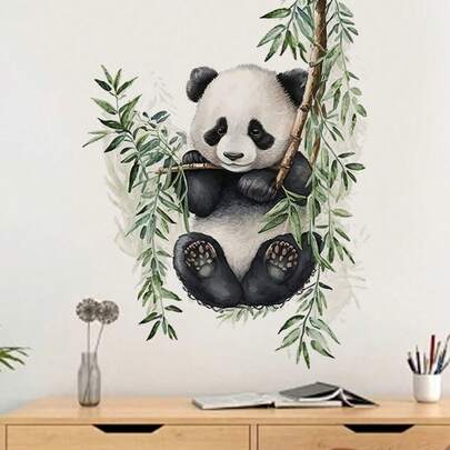 1pc Cartoon Lovely Animal & Bamboo Pattern Wall Sticker For Room Decoration, Self-Adhesive,Stickers,Wall Decal, Vinyl Decal For Home Decorations,Spring Decoration Items Refresh Your Home,Rama Decoration Stickers
