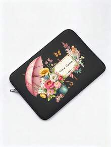 1pc Customizable Name & Floral Pattern 13-Inch DIY Printed Laptop Sleeve, Minimalist Briefcase, Laptop Protective Case, Commuter Bag, Document Organizer - Black - View 3