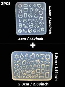 2件套美甲模具，宝石、钻石、心形、天鹅、蝴蝶造型3D美甲饰品DIY透明硅胶模具 - 無色 - 查看 2