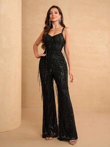 YISIKADO Bộ jumpsuit đính sequin cho nữ với dây đeo mảnh, tua rua và cổ chữ V, kiểu dáng ôm sát, thích hợp cho các buổi tiệc, đi học, kỳ nghỉ hoặc đám cưới. - màu đen - Xem 6