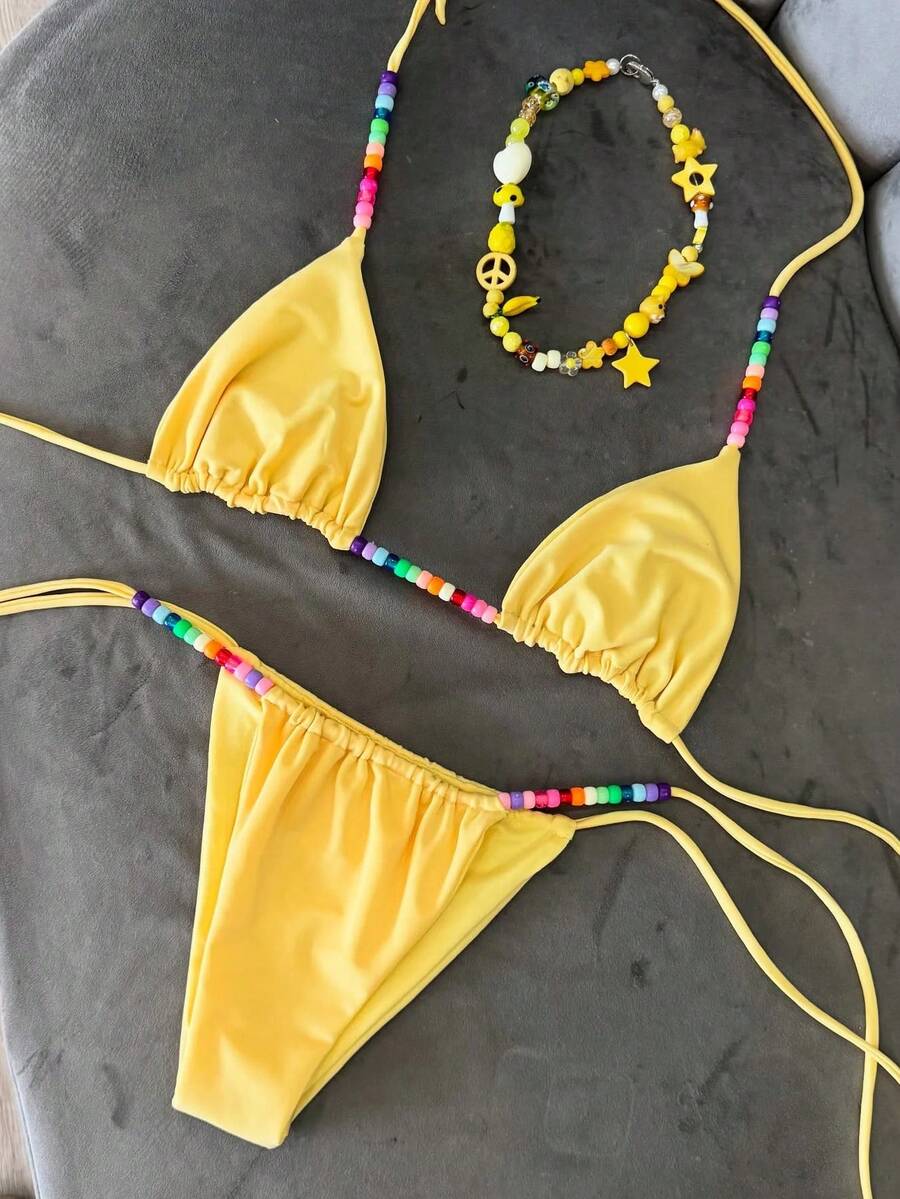 2026 Summer & Spring Women's Bright Yellow Beaded Lace-Up Triangle Cup Sexy Bikini Swimsuit - Yellow - View 1
