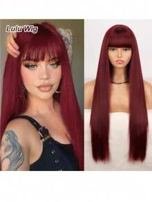 1pc Burgundy Synthetic Heat-Resistant Straight Wig, Red With Bangs, Extra Long 26-34 Inches, Full Machine Wefted Natural Looking Wig For Everyday Wear, Halloween Costume, Party - Burgundy - View 2
