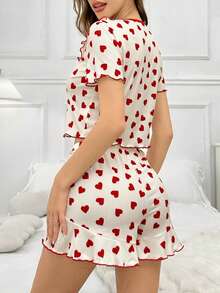 Women's Summer Heart Print Ruffle Trim Contrast Color Square Neck Short Sleeve Top And Shorts Set - Casual, Minimalist, Sweet, Fashionable 2-Piece Outfit - Multicolor - View 2