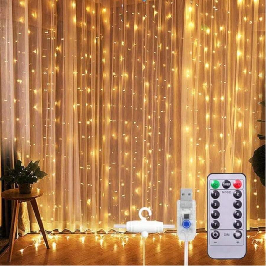 Cortina de Luz LED 4x3m 300 LEDs USB com Controle Remoto | Decoração Quarto e Festa - Branco Quente - Visão 1