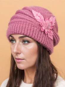 花卉装饰条纹宽松针织帽，纯色时尚针织帽，弹性针织帽，保暖贝雷帽，适合女性日常佩戴，秋冬季节