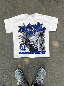 Street  & Hip Hop 100% Cotton Men's T-Shirt, Refined Clothing & BAD BOY Character Graphic Print, Note: Contains Potential Portrait Rights, Suitable For Daily Leisure & Street Occasions, Four Seasons Casual Top - White - View 1