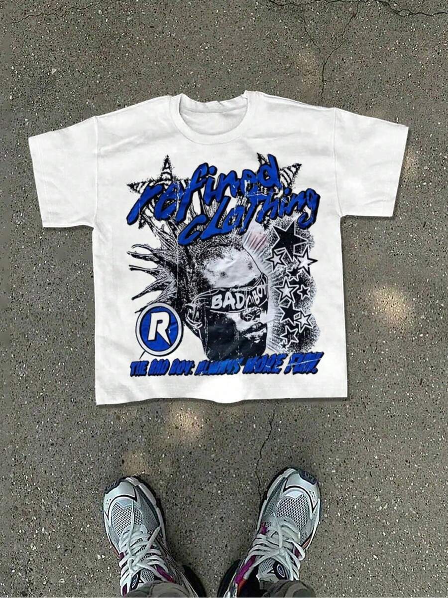 Street  & Hip Hop 100% Cotton Men's T-Shirt, Refined Clothing & BAD BOY Character Graphic Print, Note: Contains Potential Portrait Rights, Suitable For Daily Leisure & Street Occasions, Four Seasons Casual Top - White - View 1