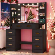 Large Dressing Table With Mirror 11 LED Light 7 Drawers Black Vanity Makeup Desk - Black - View 1