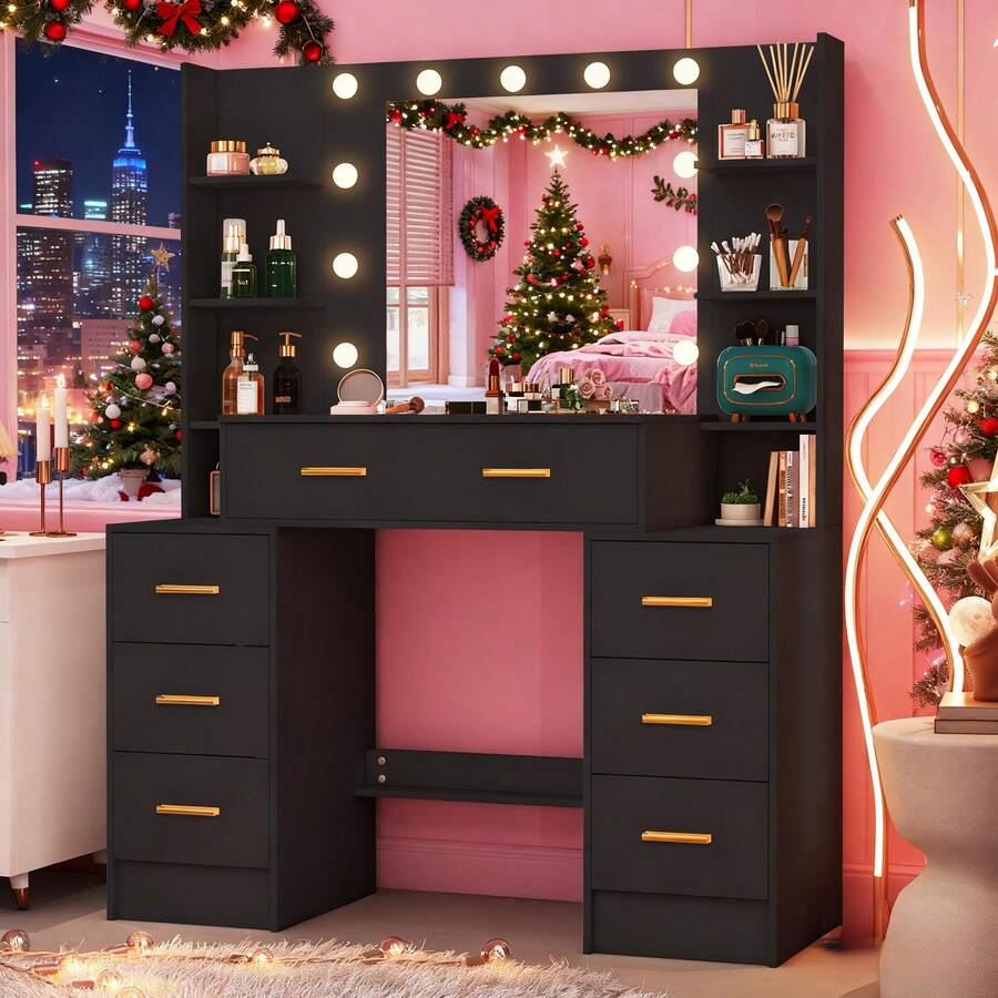 Large Dressing Table With Mirror 11 LED Light 7 Drawers Black Vanity Makeup Desk - Black - View 1