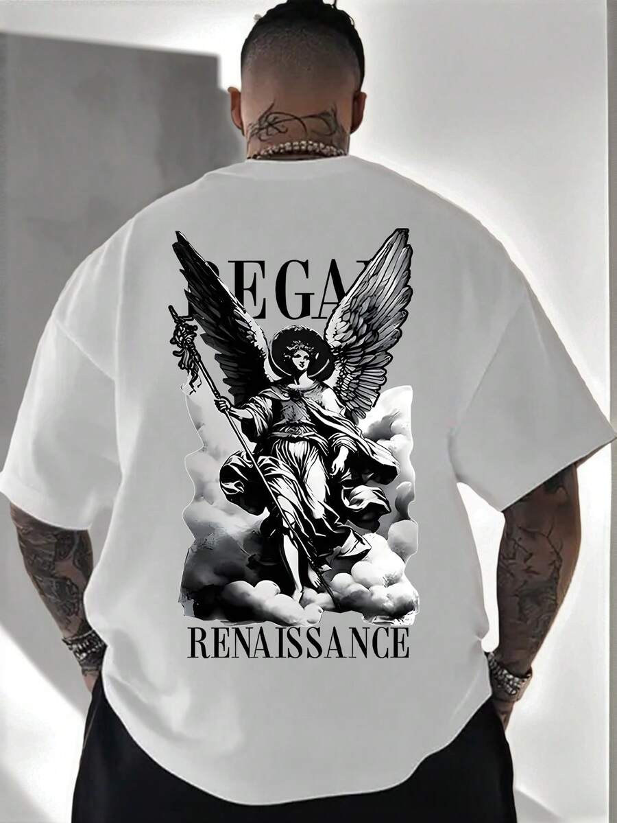 Zrgoth Men's Casual Versatile Minimalist Revival Angel Print Short Sleeve T-Shirt