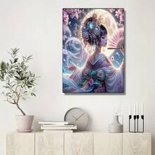 1件套DIY手工古代中国风女士钻石画套装，DIY钻石刺绣装饰画，适用于客厅、卧室、走廊，月亮和樱花图案，成人手工工艺材料，家居装饰，节日礼物 - 彩色 - 查看 3