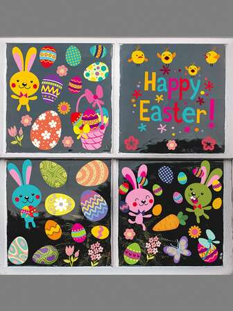 4 Sheets-Easter Window Clings , Easter Bunny Rabbit Eggs Chick Patterns Easter Window Decorations For Glass Windows Double-Side Easter Window Stickers Spring Decals For Home Holiday Party Supplies,Easter Decorations