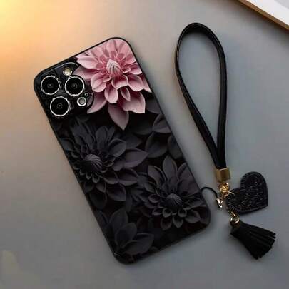黑色花卉图案镂空加厚防摔手机壳，带装饰配件；新款真皮心形腕带DIY手机壳吊坠；短款腕带吊坠配件，兼容 17 Pro/17 Air/17/17 Pro Max/16/11/16 Pro/16 Plus/16 Pro Max/16 e/15 Pro Max/13/14/12/XS/XR/7G/8P，兼容红米手机，国际版，非国内版