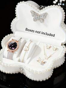 6/5件套优雅女孩精致时尚烟花心形图案表盘石英表，适合女孩佩戴，可搭配蝴蝶首饰项链、手链、戒指、耳环套装，适合作为女孩的生日/节日礼物，也适合日常生活，例如圣诞节礼物、返校季、派对等。毕业季、情人节、圣诞节，是送给女孩的完美礼物。