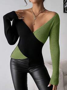 A Ribbed Long-Sleeved Top Featuring A Stylish Color-Block Pattern And A Flattering V-Neck, Offers A Comfortable Fit For Daily Wear Or Casual Gatherings, Ideal For Spring, Fall - 橄欖綠 - 查看 5