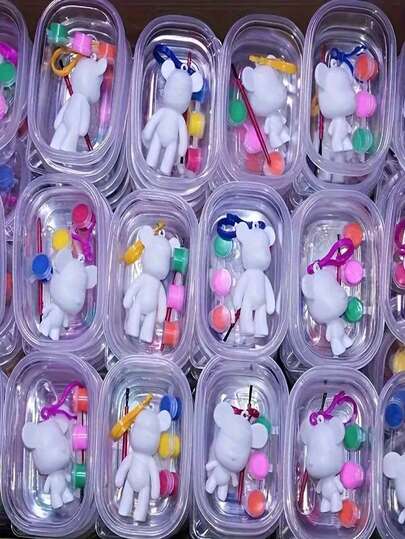 Kit DIY 5 buc - Breloc păpușă graffiti, Breloc creativ lucrat manual, Breloc colorat în formă de ursuleț, Material plastic - Îmbunătățește creativitatea și dexteritatea, Set DIY din gips-carton cu mini pictură albă din gips-carton pentru colorat