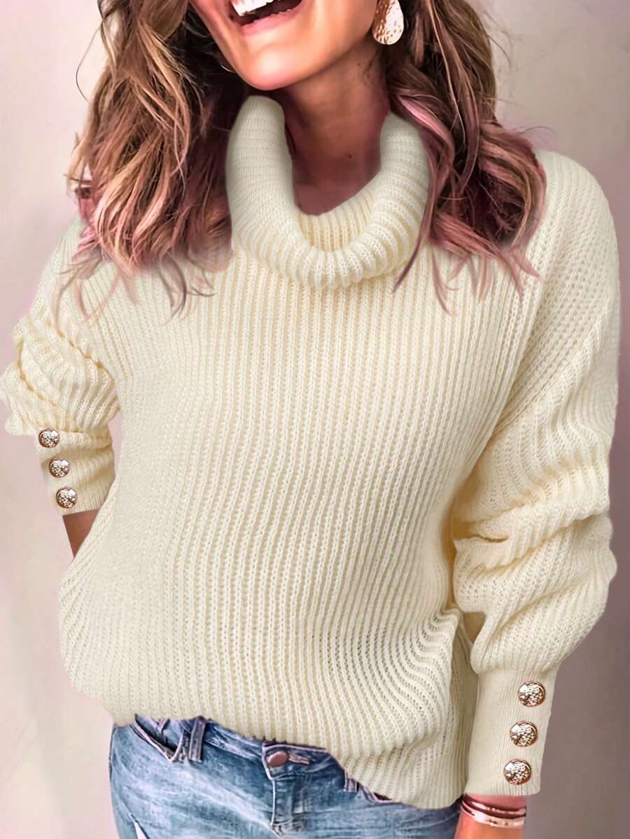 Women's Loose High Neck Sweater, Casual & Formal Ribbed Knit Button Up Long Sleeve Pullover