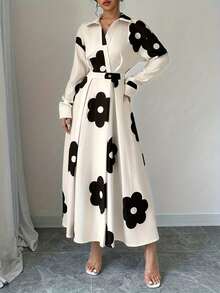 Women's Casual Long Dress, Solid Polka Dot Summer New Commuter Fashion Solid V-Neck Women's Dress With Large Button Swing, V-Neck Sleeveless Short-Sleeved Shirt Long Dress With Pockets - 杏色 - 查看 3