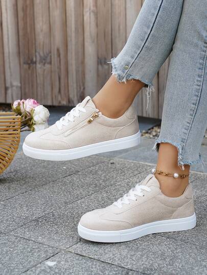 女士新款户外运动休闲鞋，纯色舒适运动休闲系带侧拉链滑板鞋，户外徒步平底运动鞋