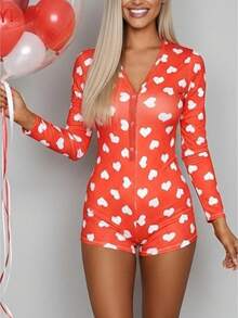 Womens One Piece Valentines Romper Slim Fit Lips Bow Love Heart Print Button V Neck Long Sleeve Jumpsuit - 橘色 - 查看 1