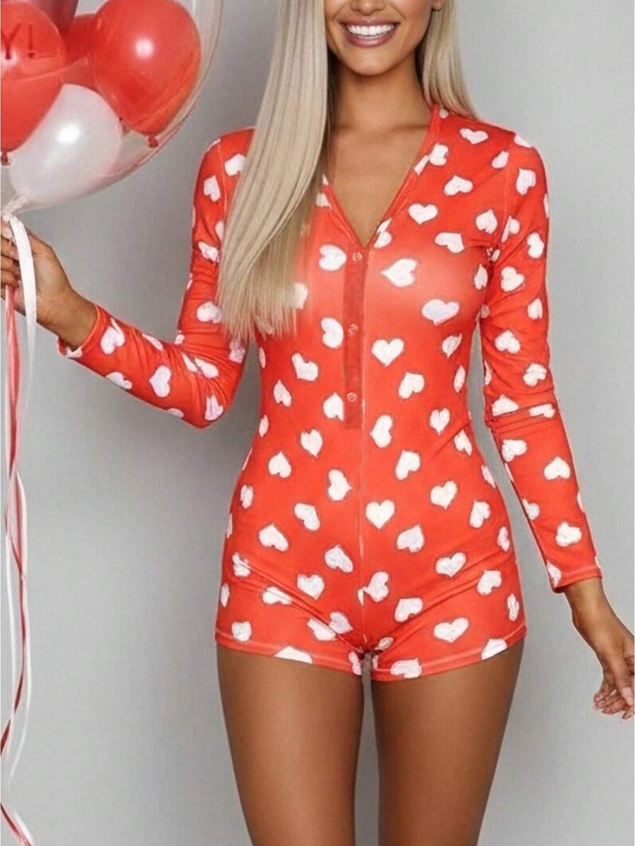 Womens One Piece Valentines Romper Slim Fit Lips Bow Love Heart Print Button V Neck Long Sleeve Jumpsuit - 橘色 - 查看 1