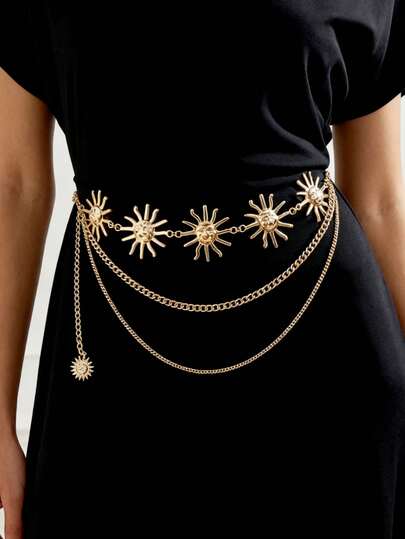 1 pieza Cadena de cintura con capas de metal dorado con forma de sol para mujer, cadena corporal bohemia con dijes de sol, joyería de playa para vestidos y bikinis