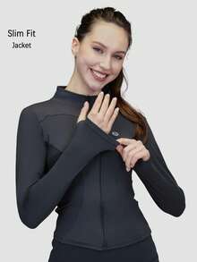 3 Women's Sports Jackets With Thumb Holes, Small Stand Up Collar, Streamlined Zipper Long Sleeved Jacket, Low Impact Yoga Daily Wear - 彩色 - 查看 5