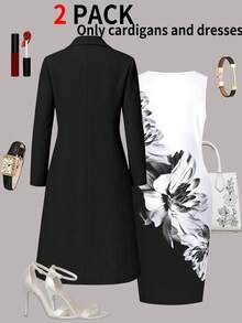 2pcs Women's Elegant Autumn/Winter Set - Fashionable Ladies' Two Pieces Dress, Long Cardigan Jacket + Floral Print Sleeveless Maxi Dress - Black - View 4