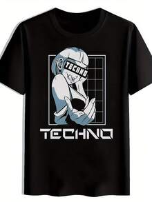 Men'S Graphic T-Shirt - Funny Techno DJ Portrait & Bold TECHNO Text - Black Clubwear Tee For Raves, Concerts, Beach - Lightweight Polyester Shirt For Summer Outfits & Music Festival Gifts, Concert Attire, Casual Round Neck, Breathable Fabric, Rave Clothing,  Design, Durable Material, Short Sleeve Top, Party Goers - 黑色 - 查看 2