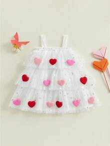 ​​Toddler Girl A-Line Tulle Dress, Sleeveless Square Neck featuring Bow Front and Heart, Pretty Holiday Dress - Blanco - Ver 1