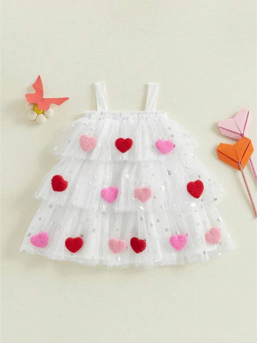 Toddler Girl A-Line Tulle Dress, Sleeveless Square Neck featuring Bow Front and Heart, Pretty Holiday Dress - Blanco - Ver 1