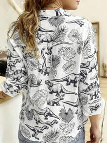 Women's Casual Dinosaur Print Button-Down Shirt, Spring/Summer Holiday Vacation Style White - White - View 2