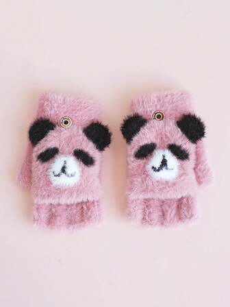 1Pair Girls' Winter Warm Flip-Over Fingerless Gloves With Plush Bear Face & Heart Eyes - Soft Thickened Cozy Mitten Gloves For Christmas, Valentine's, New Year's - Cute Teddy Bear Hands For Youngsters - Ideal Gift For Girls & Boys - Mixed Colors - Autumn/Winter Season - Festive & Casual Attire