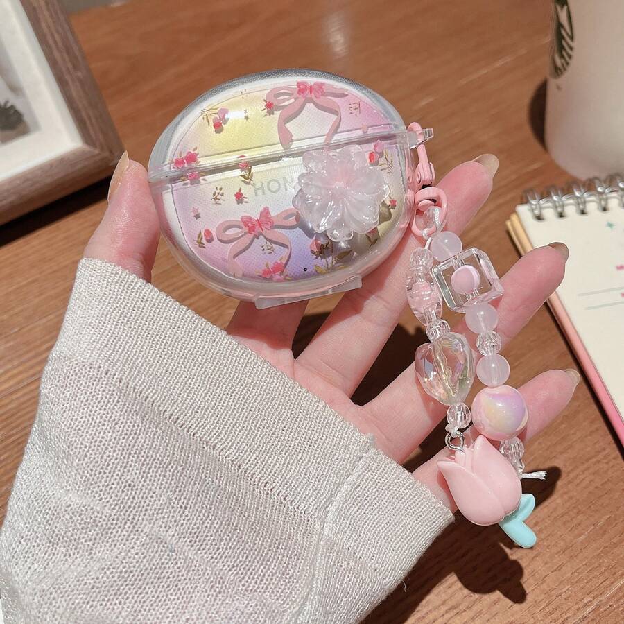 蝴蝶结3D花朵+吊坠,适用于荣耀耳机X7/X8、蓝牙耳机充电盒、耳机X9的保护套,防摔软壳,创意设计 - 渲染蝴蝶結立體花朵+掛件 - 查看 1