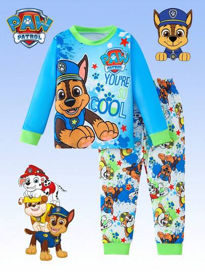  2pcs Paw Patrol Boys Pajama Set, Cute Cartoon Dog Print Blue & Green Crew Neck Long Sleeve T-Shirt And Drawstring Pants, Casual Sleepwear For Boys, Suitable For Daily Wear And Christmas Gift