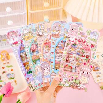 24/12/4pcs Cartoon Countryside Girl Repeating Sticker Book, Colorful Waterproof PET Sticker Book, Cute Mini Pattern Stickers For Scrapbooking, Planner, Diary And Aesthetic Office Supplies Decoration, Learning & Back To School Supplies (6 Random Styles)