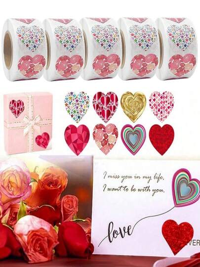 1-5Rolls 1inch Red Heart Stickers (500pcs/Roll) For Valentine's Day Baking Packaging Sticker Envelope Seals Love Decorative