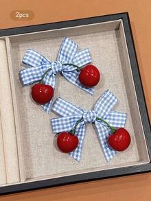 2pcs Cute Cherry Bow Hair Clips, Sweet Style Hair Accessories Suitable For Daily Use, Affordable Hair Decor - 淺藍色 - 查看 7